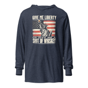 Rock your 4th of July in our lightweight hoodie with the Statue of Liberty & whiskey design. Perfect for celebrating in style and comfort.