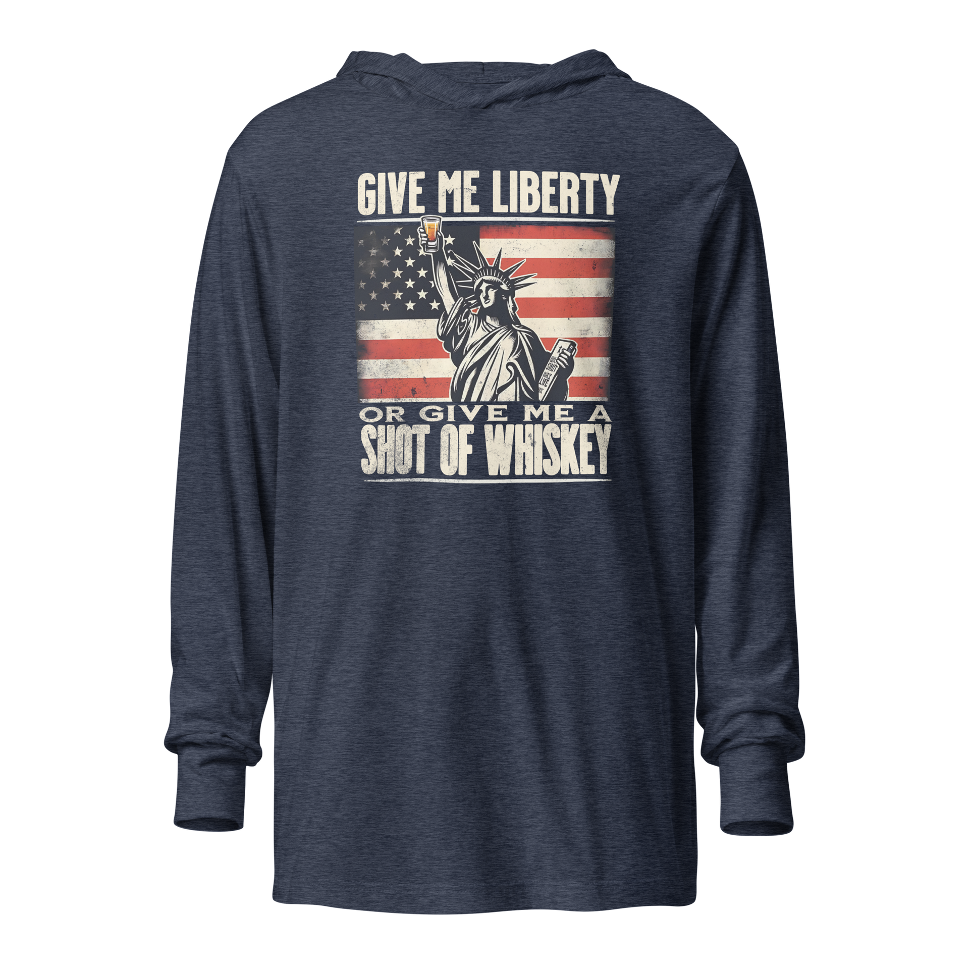 Rock your 4th of July in our lightweight hoodie with the Statue of Liberty & whiskey design. Perfect for celebrating in style and comfort.