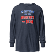 I'm Just Here for the Fireworks and Beer Lightweight Hoodie in navy color with patriotic graphic text