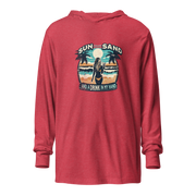 Lightweight hoodie with beach scene, woman holding cocktail, in 'Sun, Sand, and a Drink in My Hand' design.