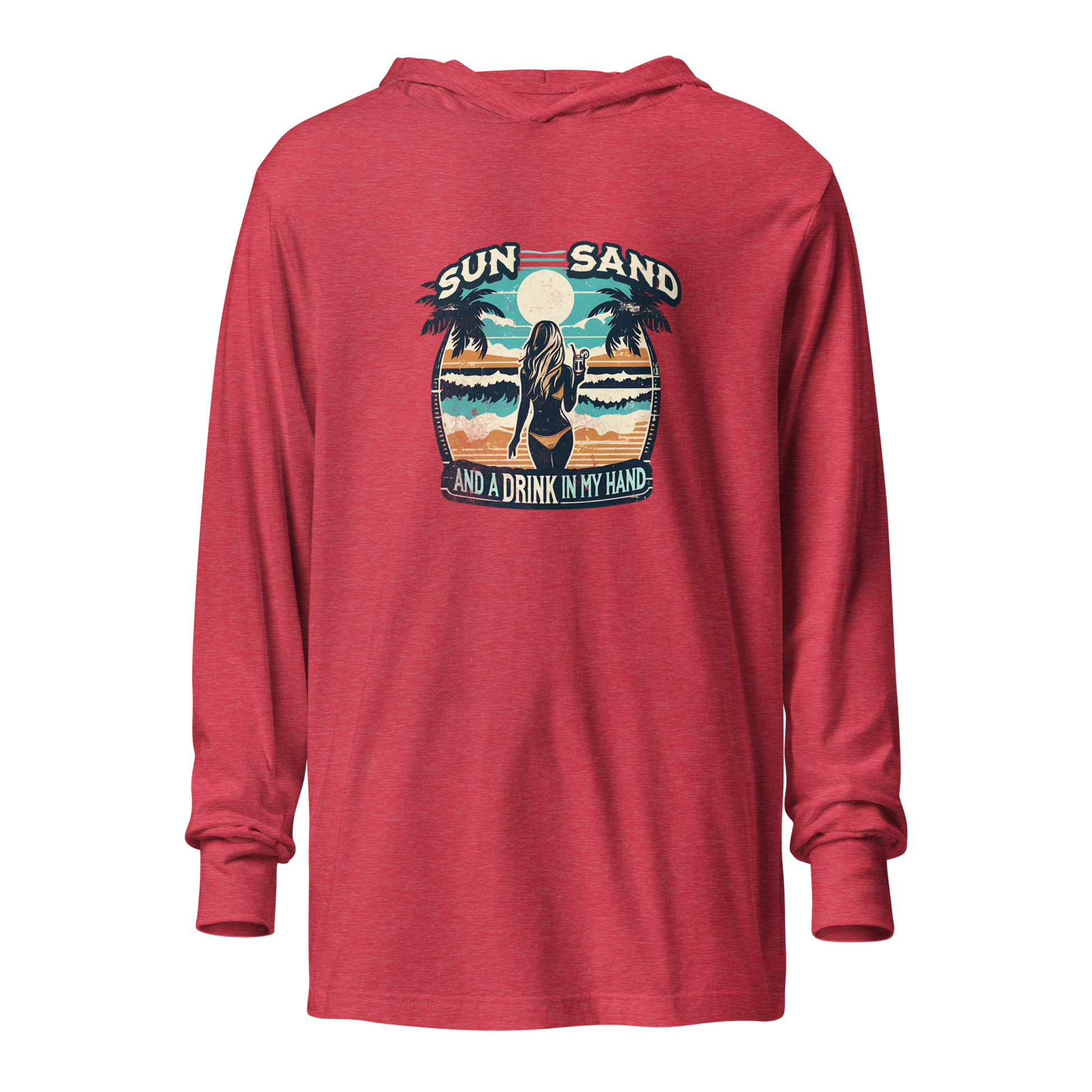 Lightweight hoodie with beach scene, woman holding cocktail, in 'Sun, Sand, and a Drink in My Hand' design.
