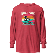 Lightweight hoodie with "Boar Hair Don't Care, But Where's My Drink?" and a woman on a jet ski, set against a retro sunset.