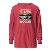 Lightweight hoodie featuring "I Come to the Lake for the Views and Stay for the Booze" with a man in a beach chair, lake, and retro sunset.