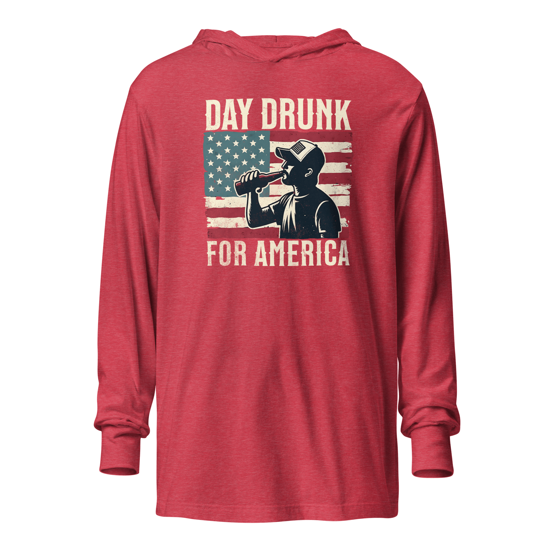 Lightweight hoodie with Day Drunk for America text, silhouette of a man drinking a bottle of beer, and distressed American flag background. Perfect for 4th of July.