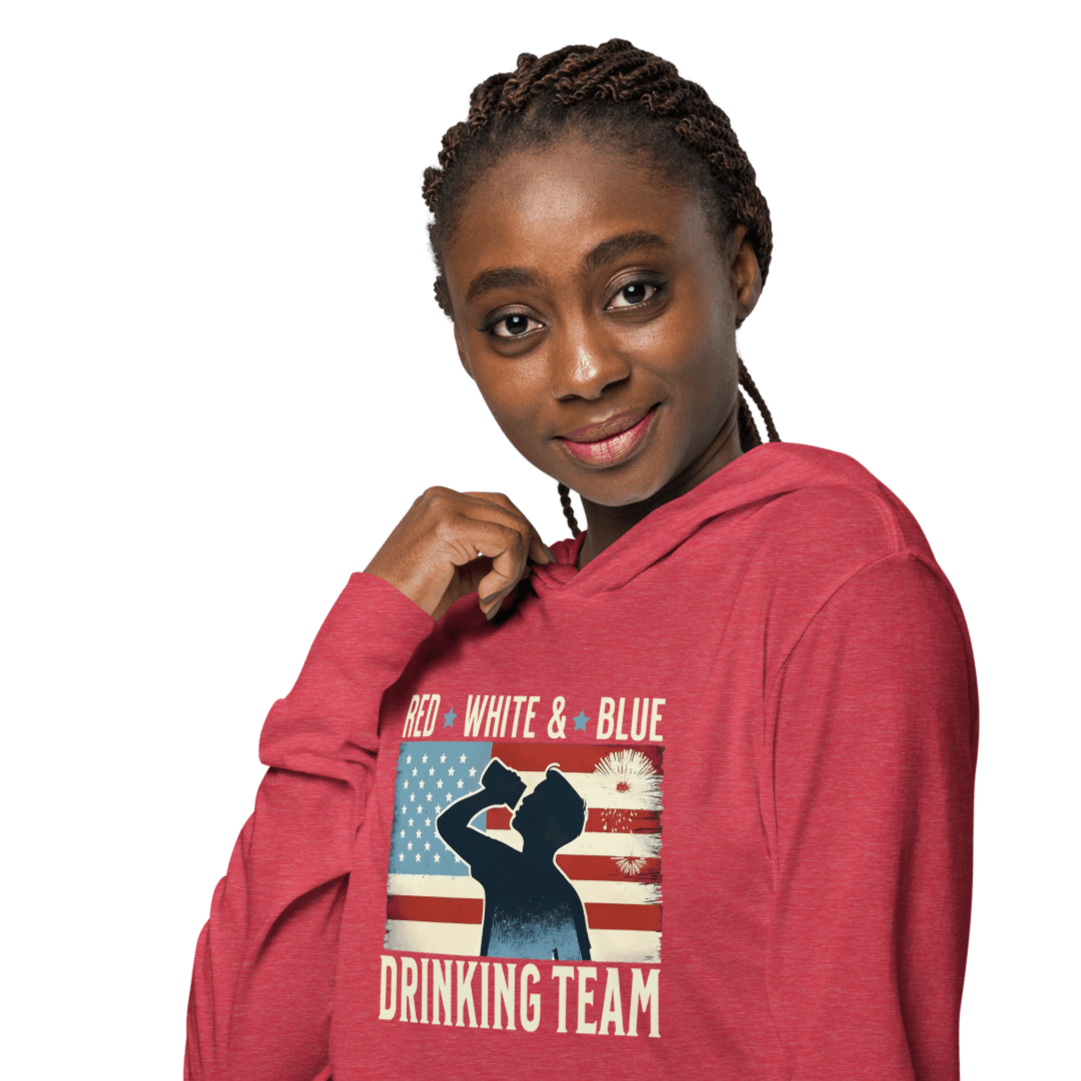 Lightweight hoodie with Red White and Blue Drinking Team text, man drinking beer, and distressed American flag background. Perfect for 4th of July.