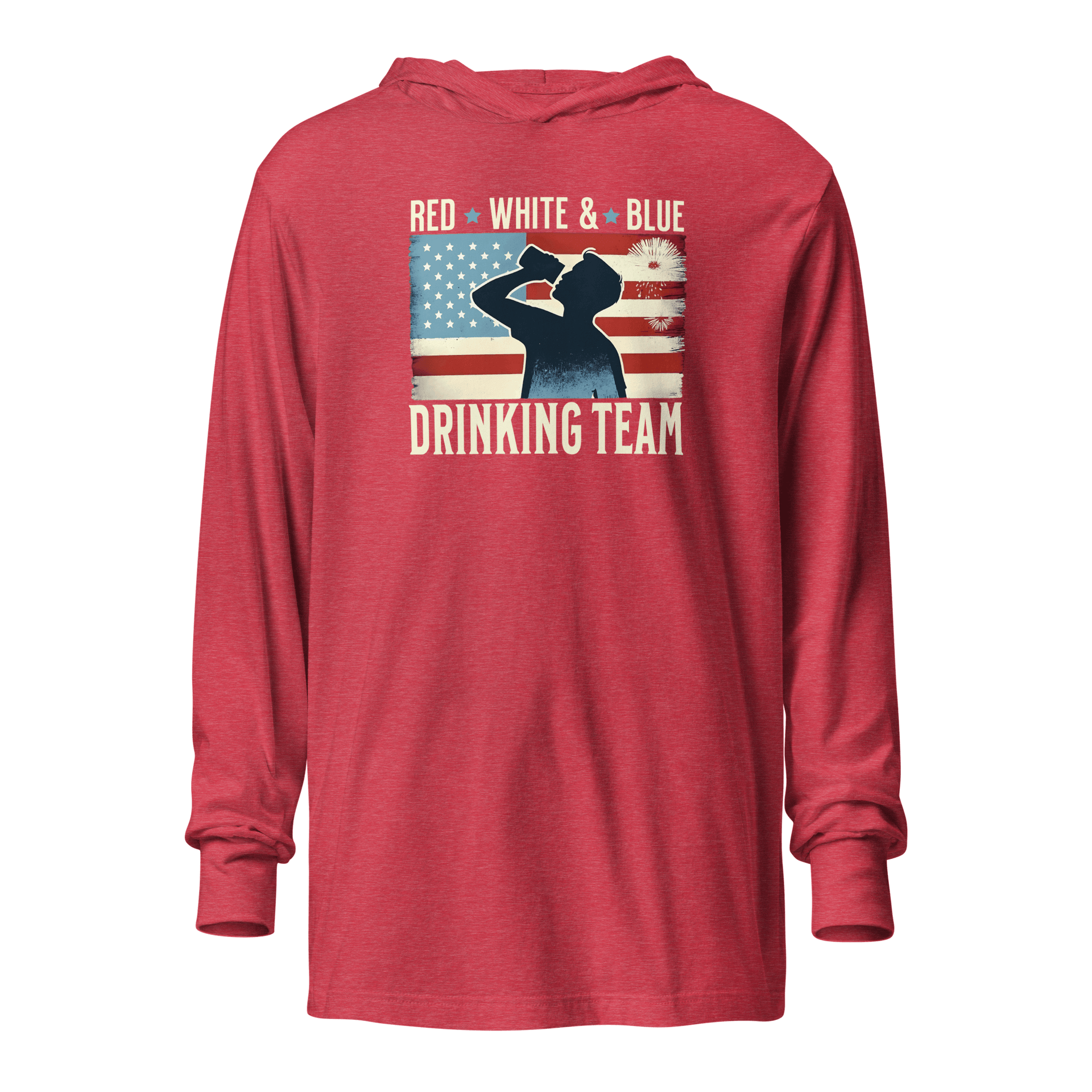 Lightweight hoodie with Red White and Blue Drinking Team text, man drinking beer, and distressed American flag background. Perfect for 4th of July.