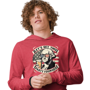 Lightweight hoodie with Let's Get This Party Founded text, George Washington drinking a beer, and distressed American flag background. Perfect for 4th of July.