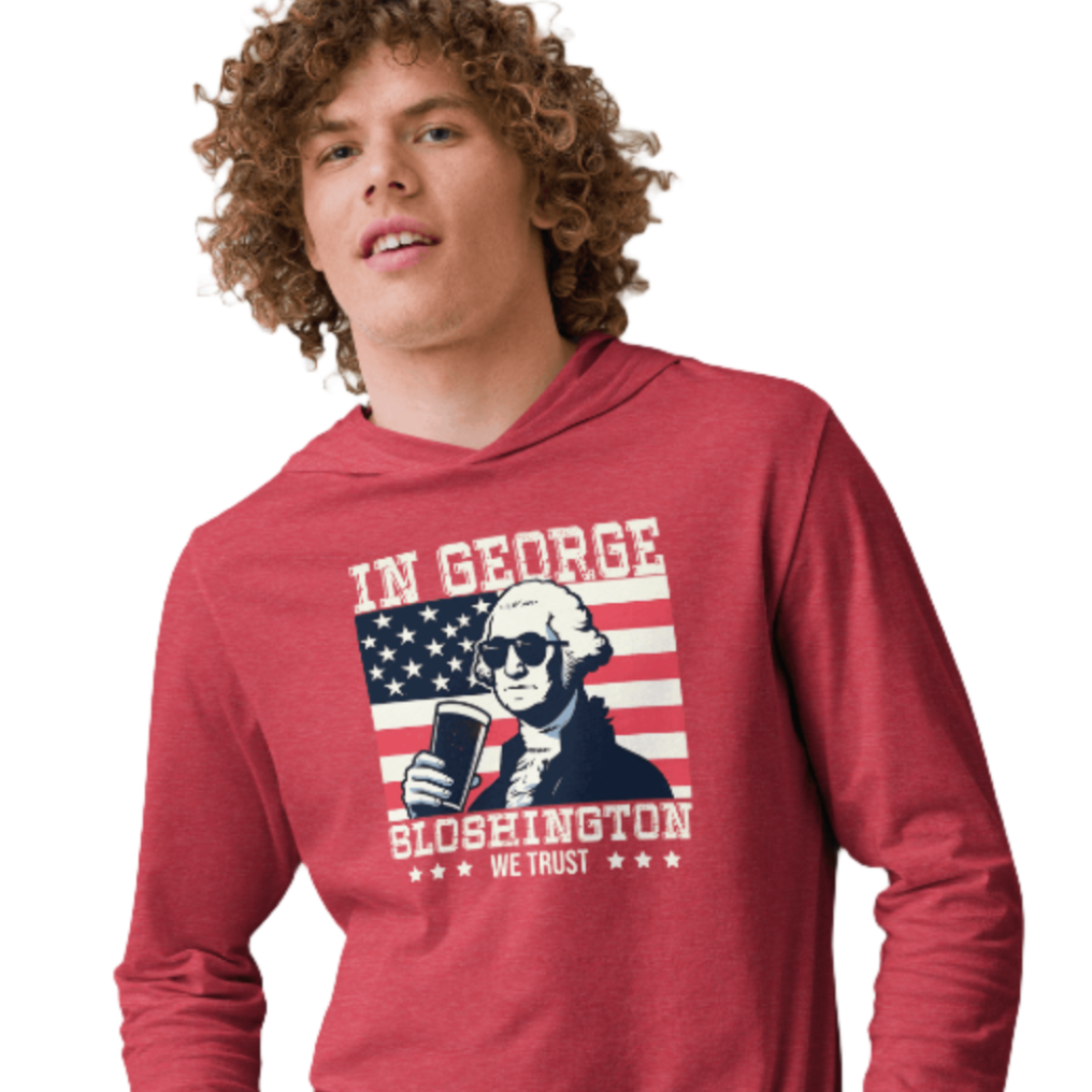 Celebrate with style in our In George Sloshington We Trust 4th of July hoodie! Perfect for cool nights & patriotic parties. Light & comfy with a unique design.