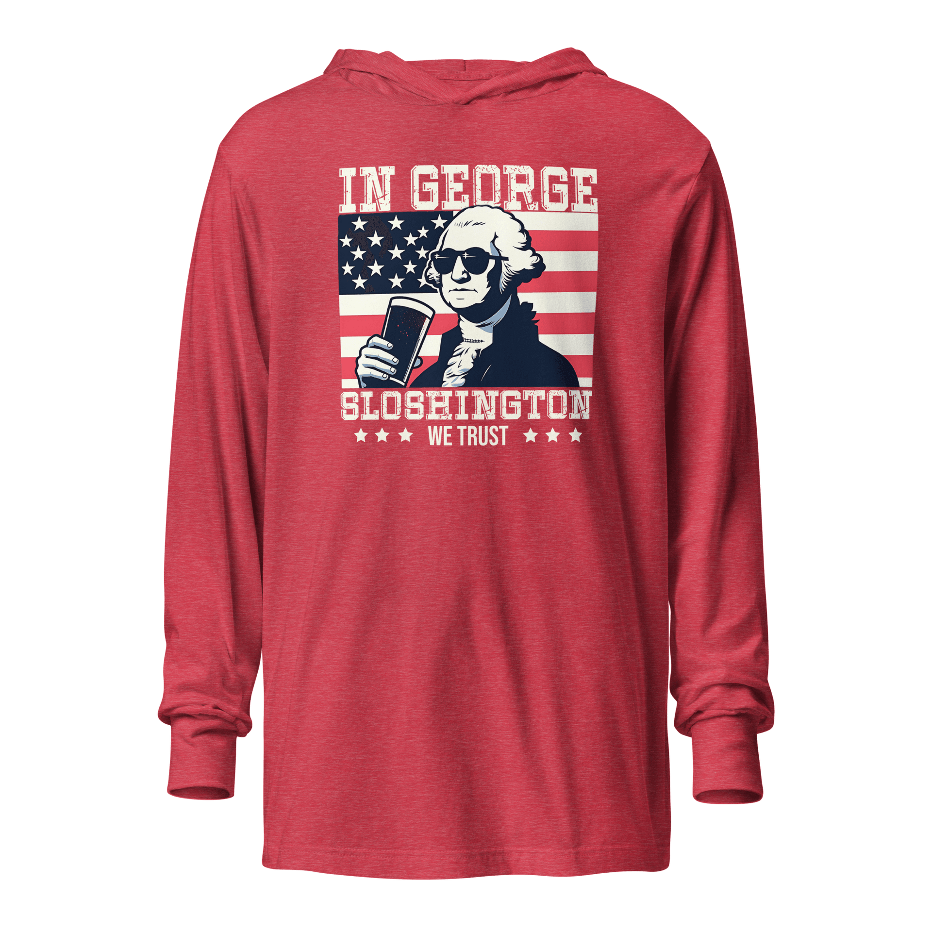 Celebrate with style in our In George Sloshington We Trust 4th of July hoodie! Perfect for cool nights & patriotic parties. Light & comfy with a unique design.