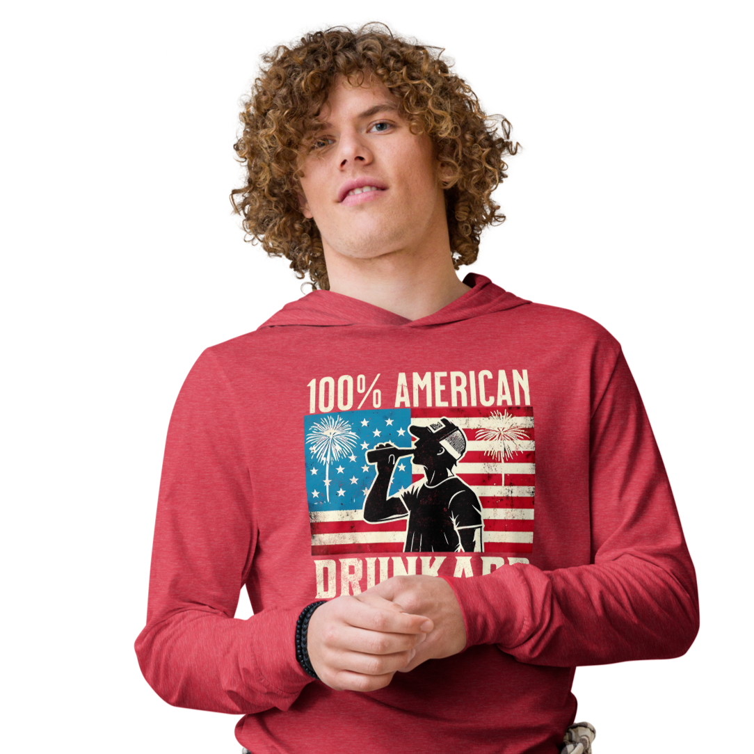 Get ready for the 4th of July with our lightweight '100% American Drunkard' hoodie. Perfect for BBQs and celebrations, it mixes comfort with patriotic fun.