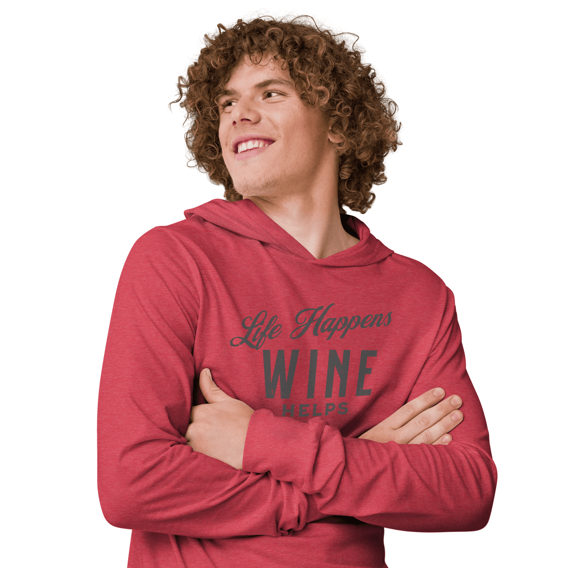 "Life Happens Wine Helps" Hoodie - Funny ApparelStay comfy with our lightweight hoodie. Perfect for layering, made from soft materials. Ideal funny apparel for everyday style.