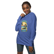 Lightweight 'Tanned and Tipsy' hoodie featuring a retro beach cocktail design, perfect for cooler summer evenings and stylish beach parties.