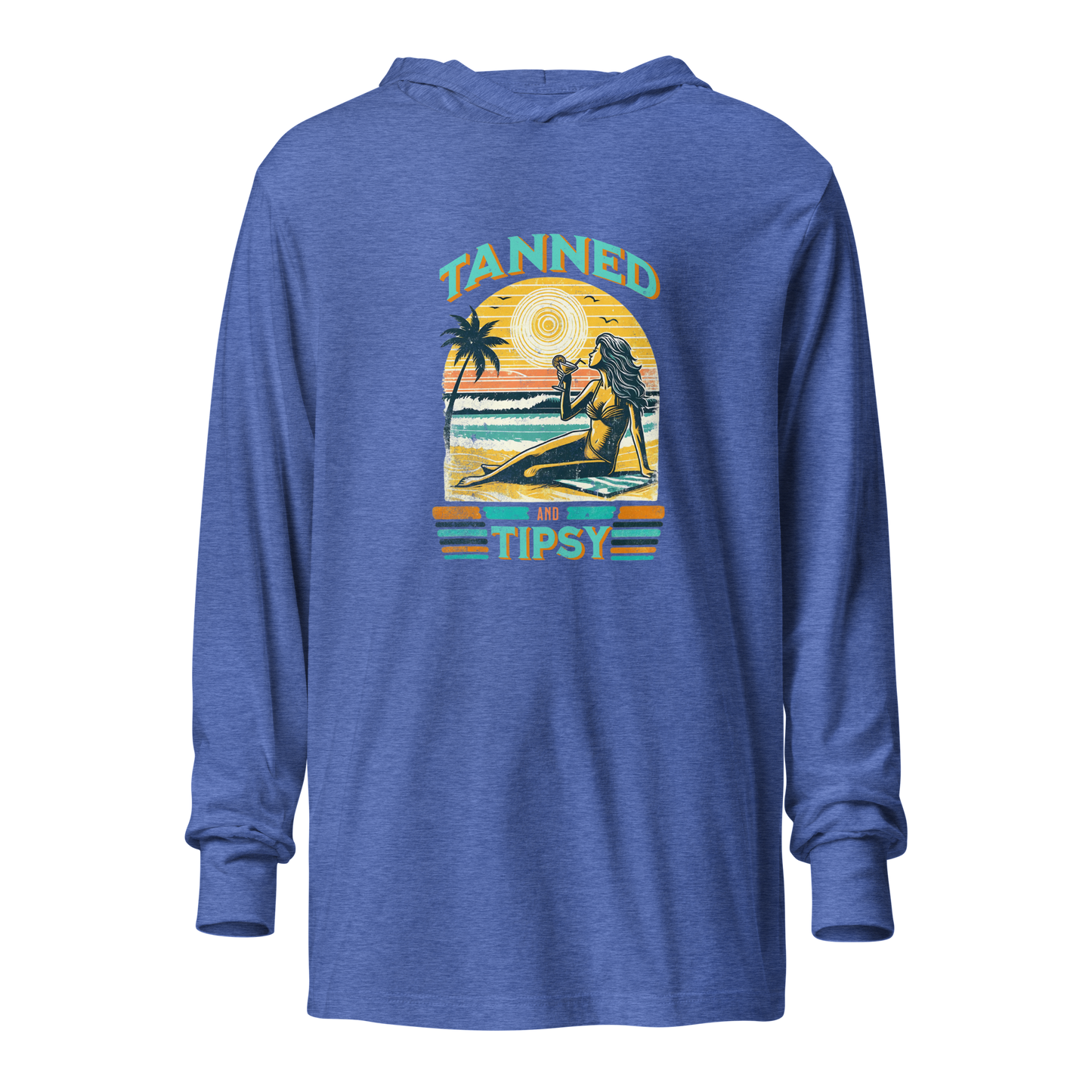 Lightweight 'Tanned and Tipsy' hoodie featuring a retro beach cocktail design, perfect for cooler summer evenings and stylish beach parties.