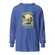 Lightweight 'Tanned and Tipsy' hoodie featuring a retro beach cocktail design, perfect for cooler summer evenings and stylish beach parties.