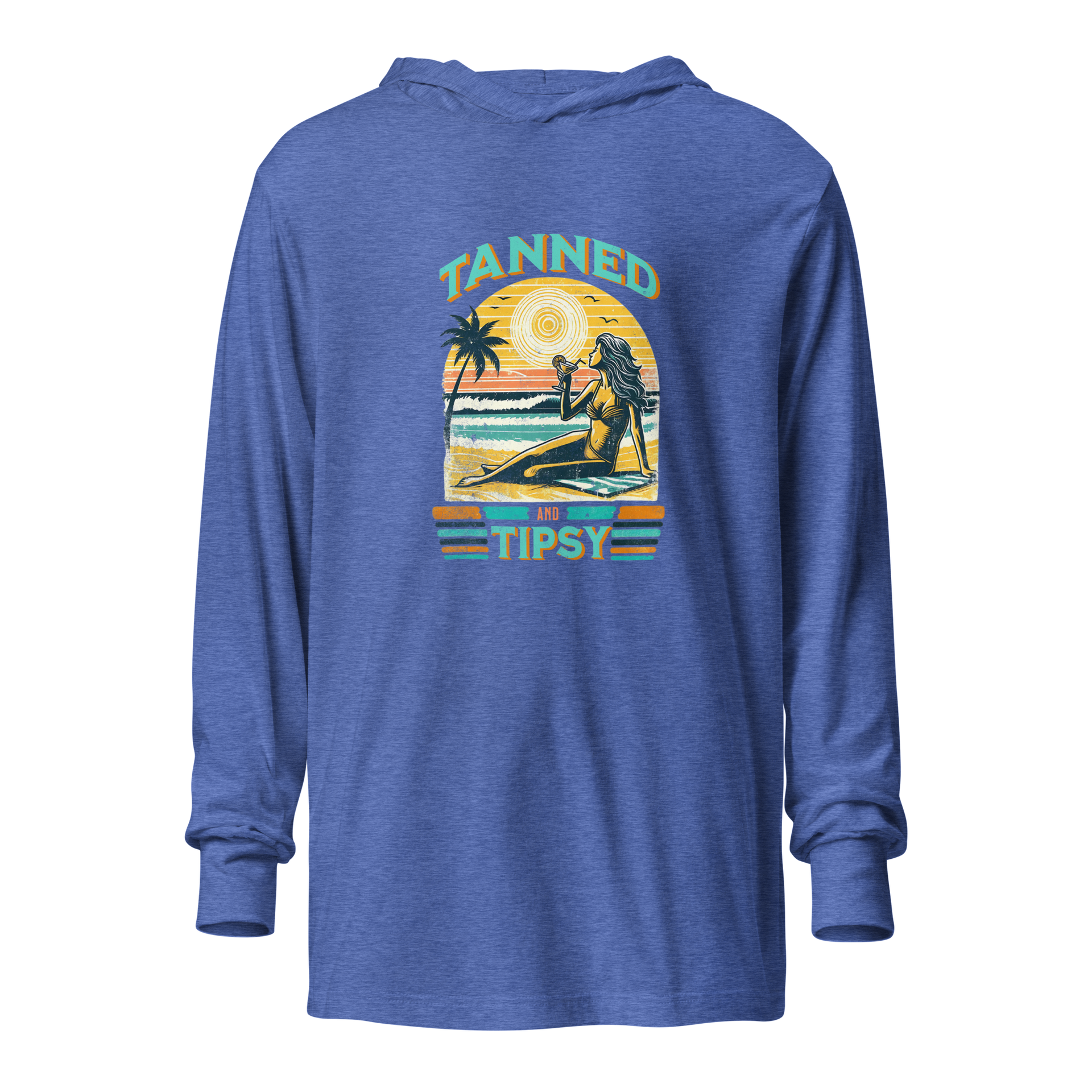 Lightweight 'Tanned and Tipsy' hoodie featuring a retro beach cocktail design, perfect for cooler summer evenings and stylish beach parties.