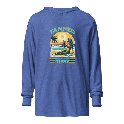 Lightweight 'Tanned and Tipsy' hoodie featuring a retro beach cocktail design, perfect for cooler summer evenings and stylish beach parties.