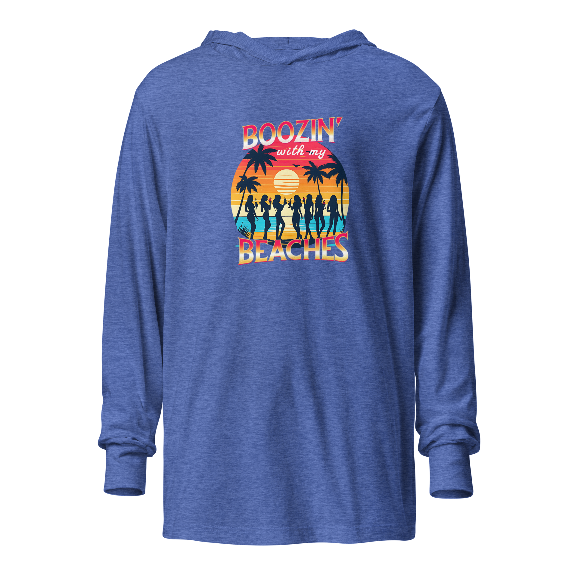 Cozy up in our 'Boozin' with My Beaches' Hoodie, perfect for beach evenings. Retro sunset and cocktails design.