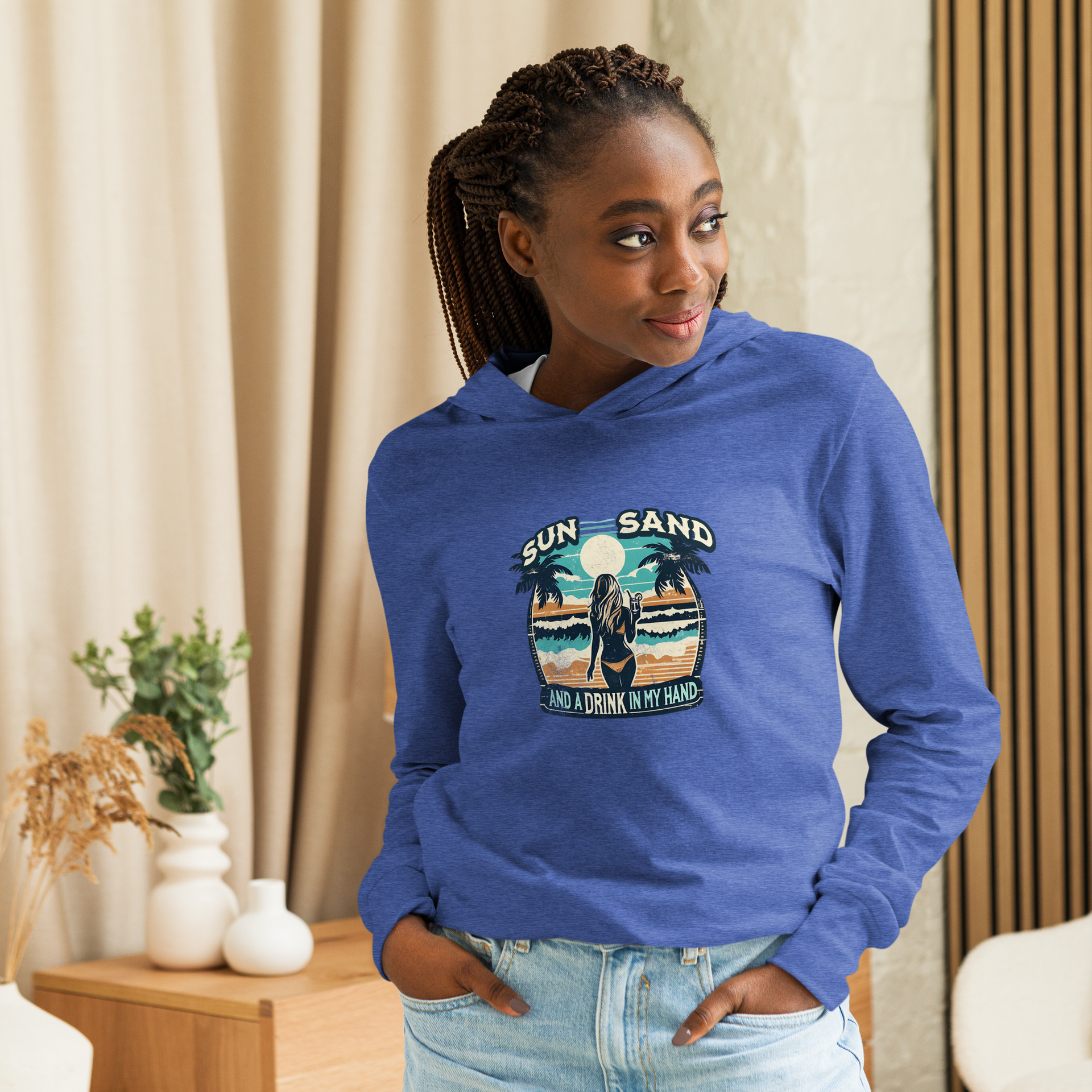 Lightweight hoodie with beach scene, woman holding cocktail, in 'Sun, Sand, and a Drink in My Hand' design.