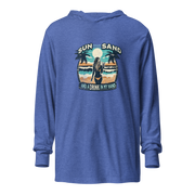 Lightweight hoodie with beach scene, woman holding cocktail, in 'Sun, Sand, and a Drink in My Hand' design.