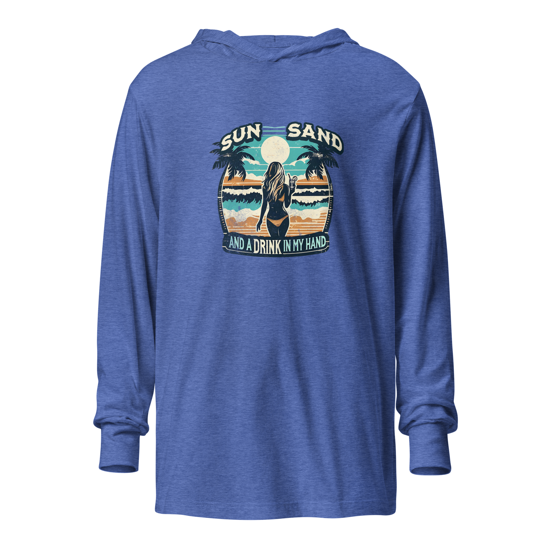 Lightweight hoodie with beach scene, woman holding cocktail, in 'Sun, Sand, and a Drink in My Hand' design.