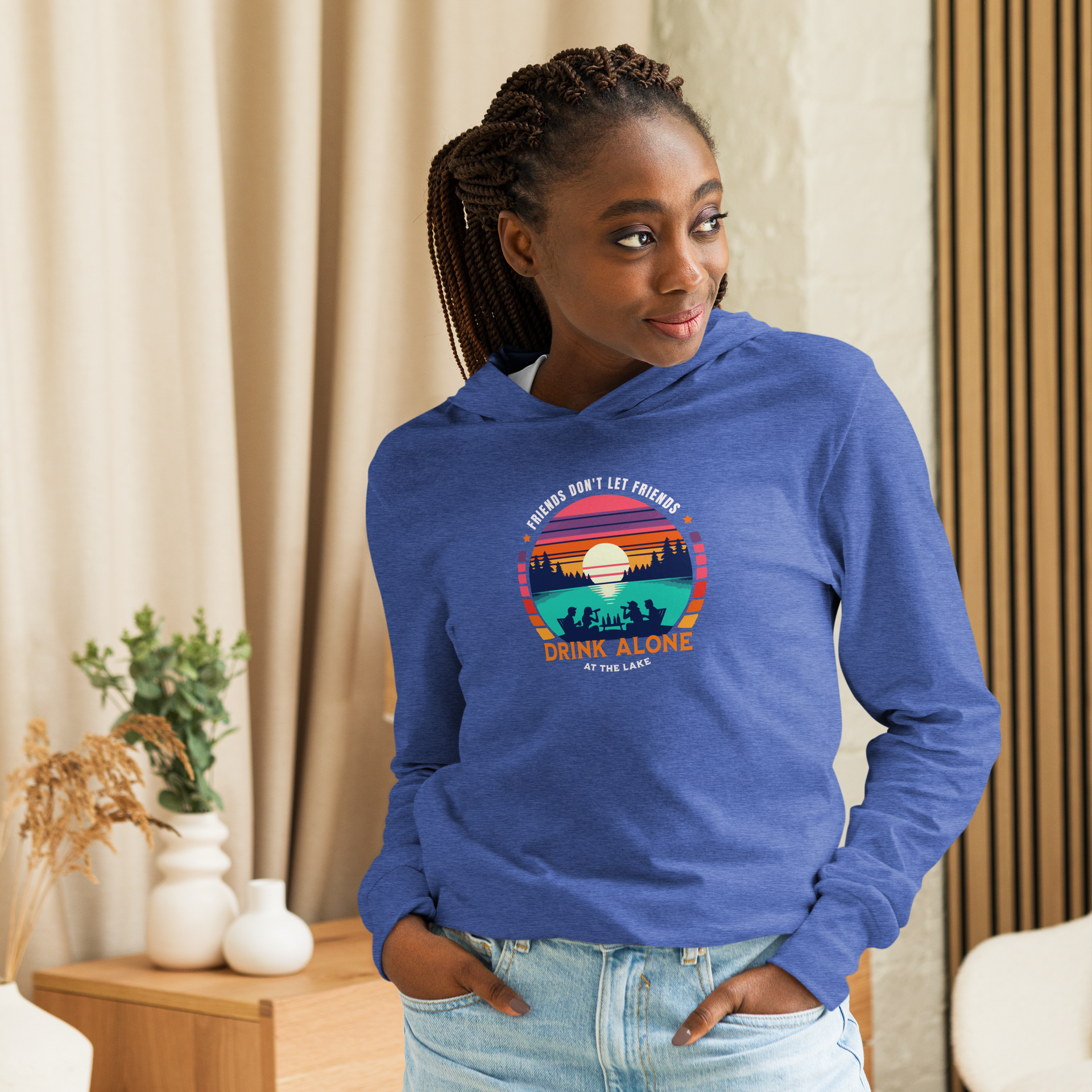 Lightweight hoodie depicting friends drinking by the lake under a retro sunset, perfect for cooler evenings.