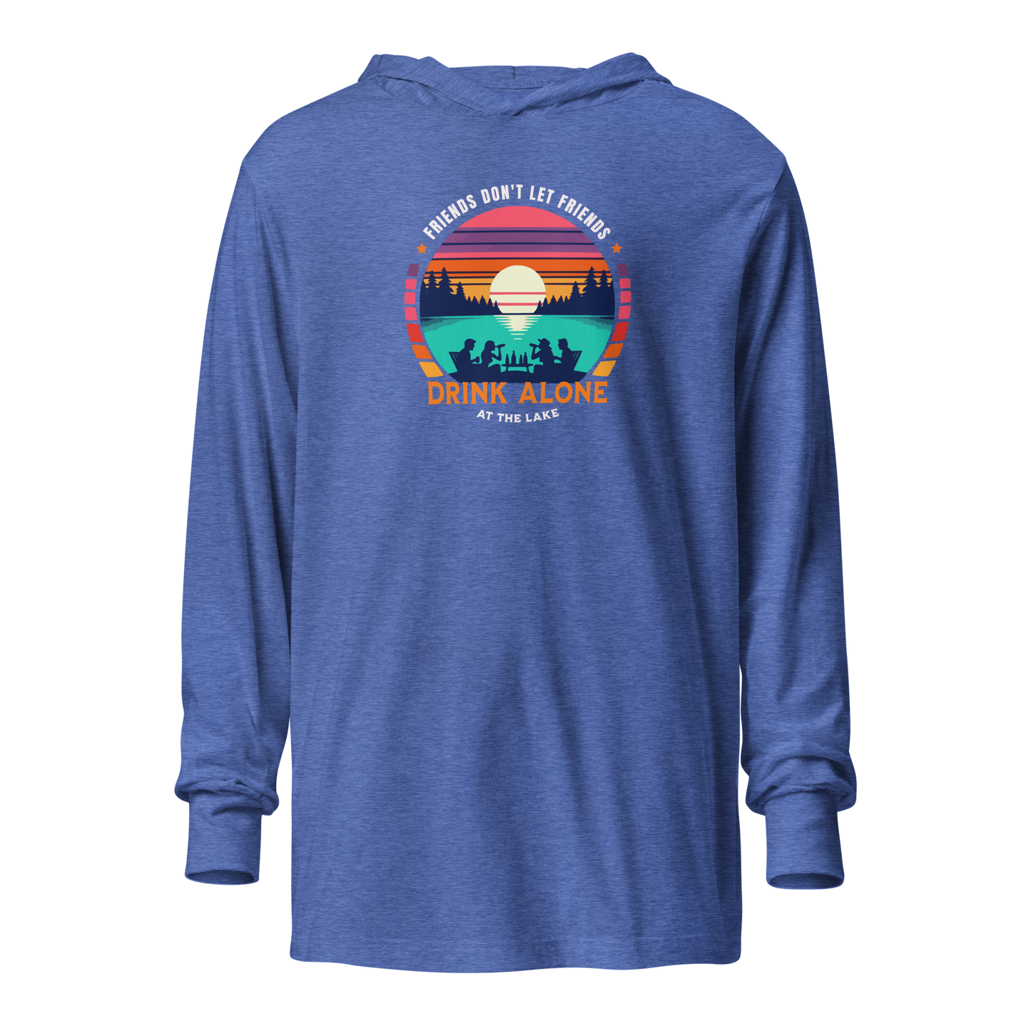 Lightweight hoodie depicting friends drinking by the lake under a retro sunset, perfect for cooler evenings.