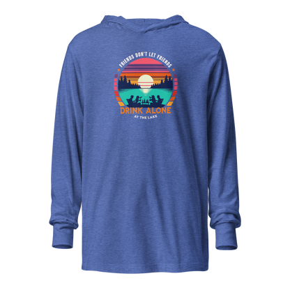 Lightweight hoodie depicting friends drinking by the lake under a retro sunset, perfect for cooler evenings.