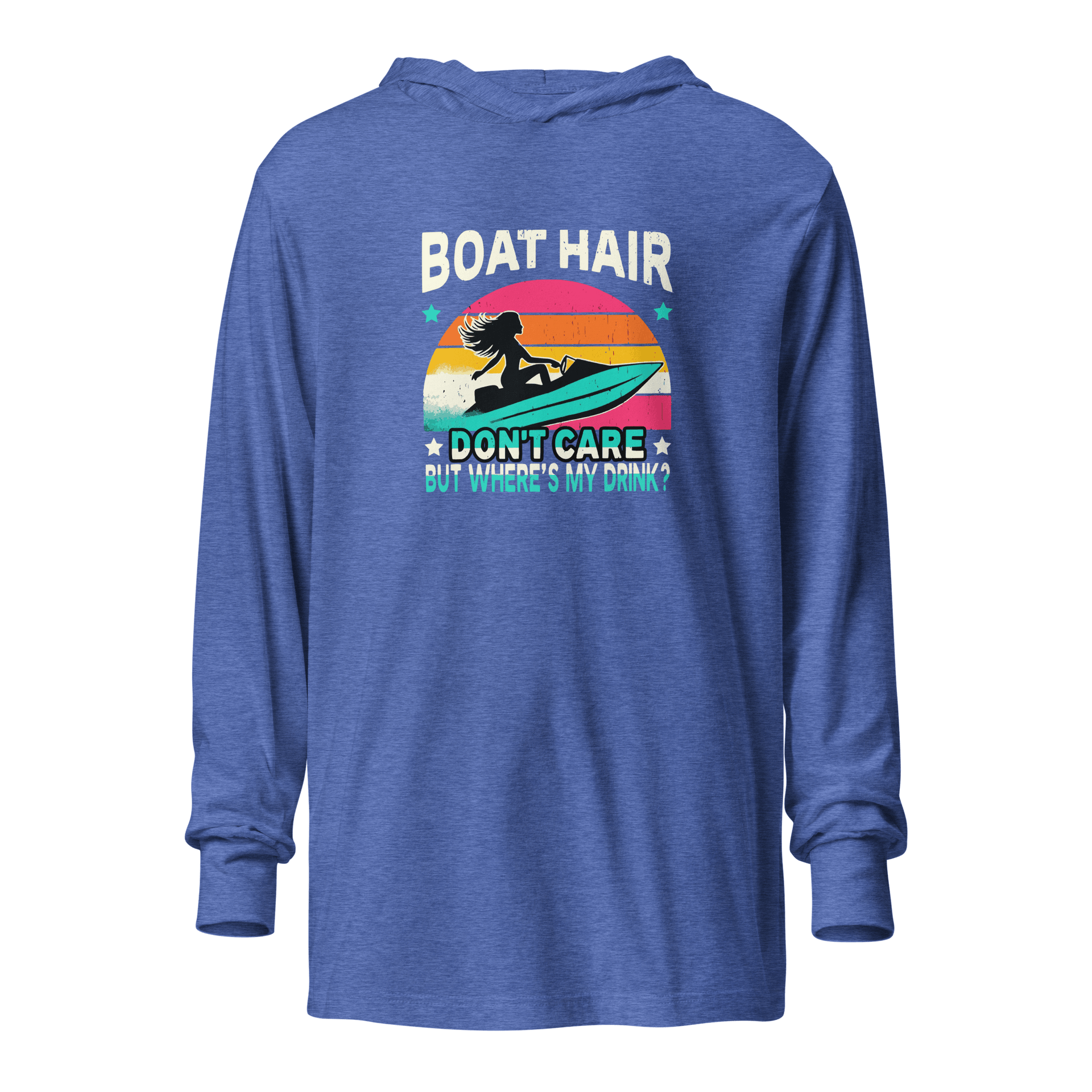 Lightweight hoodie with "Boar Hair Don't Care, But Where's My Drink?" and a woman on a jet ski, set against a retro sunset.