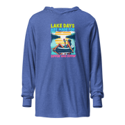 Lightweight hoodie with "Lake Days Are Made for Sipping and Dipping," featuring a woman on a tube float, lake and sunset.