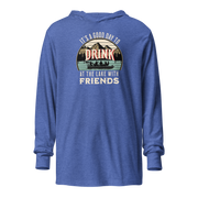 Lightweight hoodie displaying "It's a Good Day to Drink at the Lake with Friends," with an image of friends drinking on a boat, lake and mountains in the background.