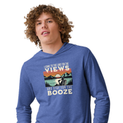 Lightweight hoodie featuring "I Come to the Lake for the Views and Stay for the Booze" with a man in a beach chair, lake, and retro sunset.