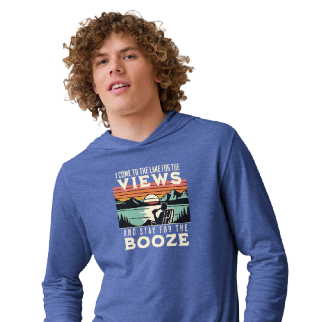 Lightweight hoodie featuring "I Come to the Lake for the Views and Stay for the Booze" with a man in a beach chair, lake, and retro sunset.