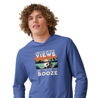 Lightweight hoodie featuring "I Come to the Lake for the Views and Stay for the Booze" with a man in a beach chair, lake, and retro sunset.