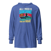 Lightweight hoodie featuring "All I Need Is Sunshine, a Cold Beer, and My Boat" with a retro sunset and a man in a boat.