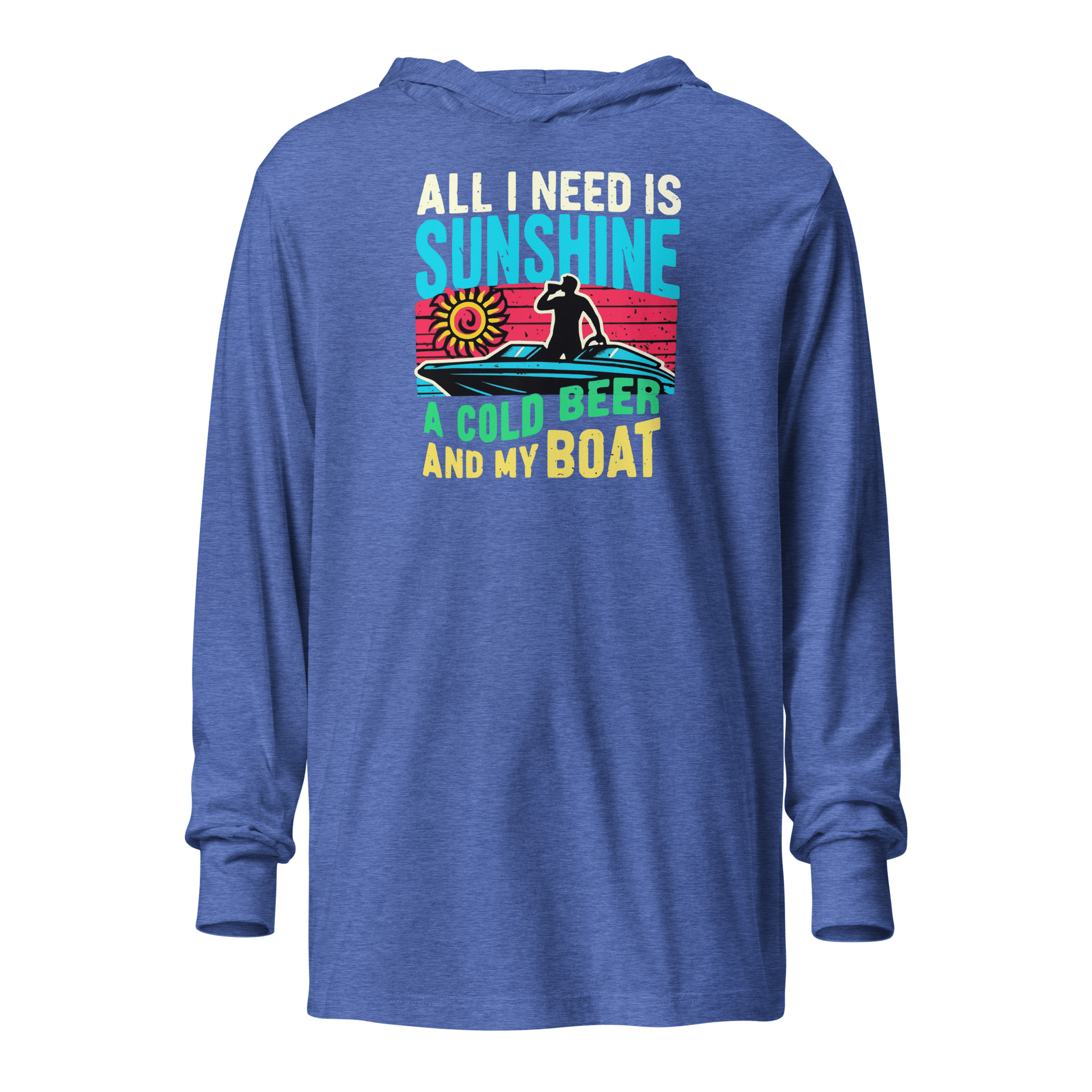 Lightweight hoodie featuring "All I Need Is Sunshine, a Cold Beer, and My Boat" with a retro sunset and a man in a boat.