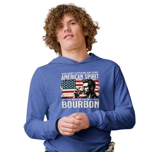 Lightweight hoodie with 'This Shirt Contains 100% American Spirit and a Splash of Bourbon' text, man drinking a glass of bourbon, and distressed American flag background.