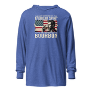 Lightweight hoodie with 'This Shirt Contains 100% American Spirit and a Splash of Bourbon' text, man drinking a glass of bourbon, and distressed American flag background.