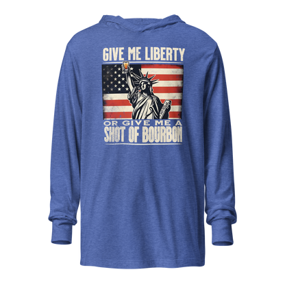 Lightweight hoodie with Give Me Liberty or Give Me a Shot of Bourbon text, Statue of Liberty holding a shot glass, and distressed American flag background. Perfect for 4th of July.