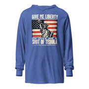 Lightweight hoodie with Give Me Liberty or Give Me a Shot of Tequila text, Statue of Liberty holding a shot glass, and distressed American flag background. Perfect for 4th of July.