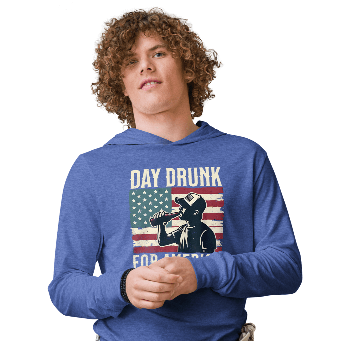 Lightweight hoodie with Day Drunk for America text, silhouette of a man drinking a bottle of beer, and distressed American flag background. Perfect for 4th of July.