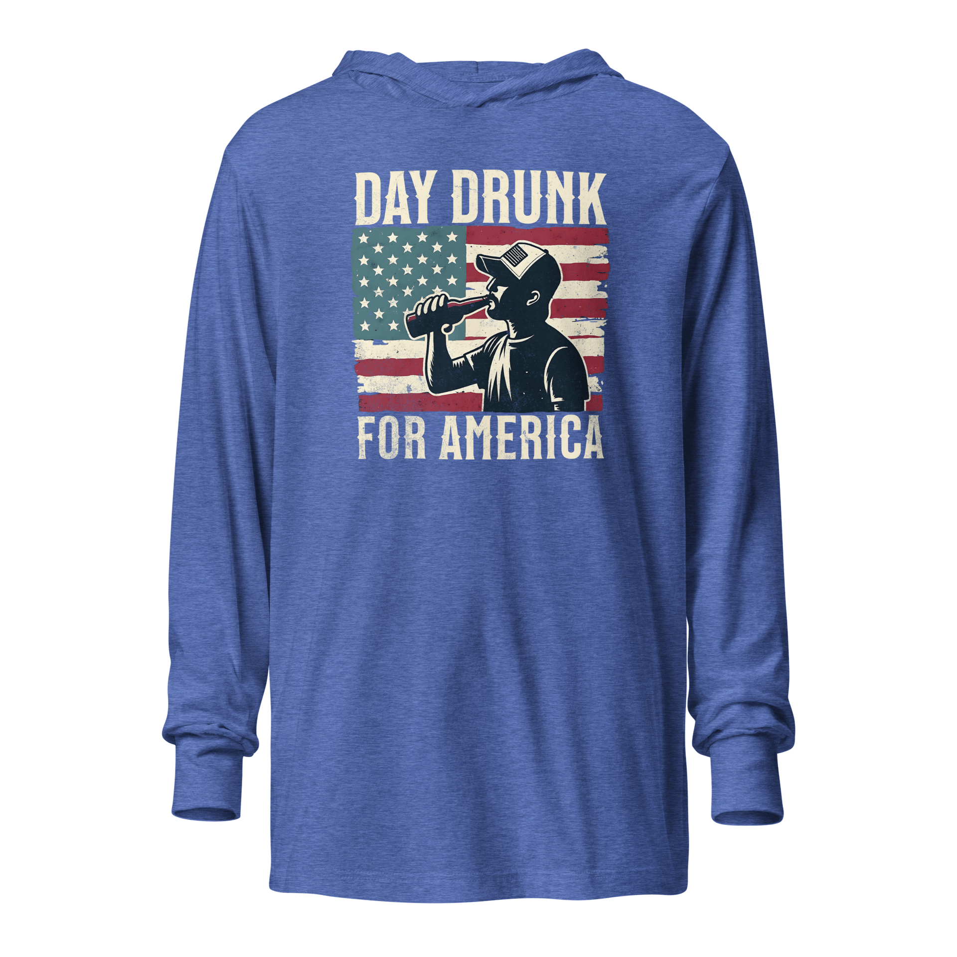 Lightweight hoodie with Day Drunk for America text, silhouette of a man drinking a bottle of beer, and distressed American flag background. Perfect for 4th of July.