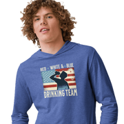 Lightweight hoodie with Red White and Blue Drinking Team text, man drinking beer, and distressed American flag background. Perfect for 4th of July.