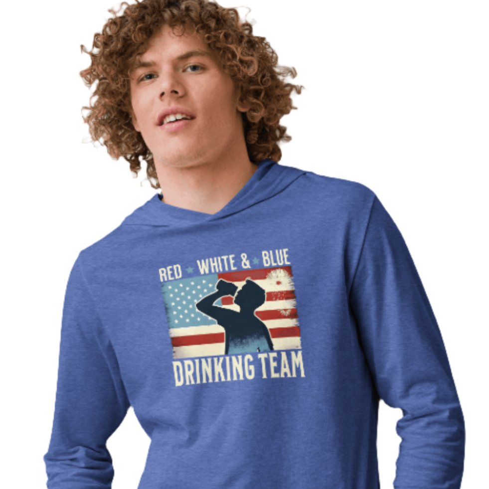 Lightweight hoodie with Red White and Blue Drinking Team text, man drinking beer, and distressed American flag background. Perfect for 4th of July.