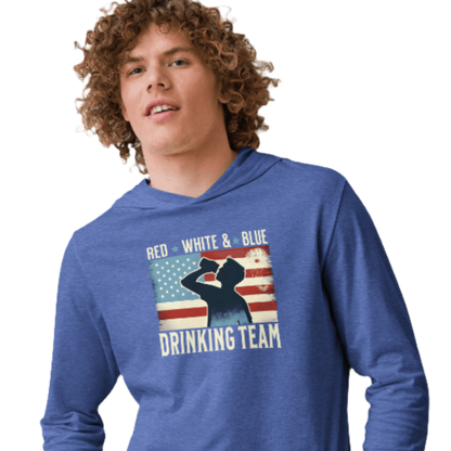 Lightweight hoodie with Red White and Blue Drinking Team text, man drinking beer, and distressed American flag background. Perfect for 4th of July.