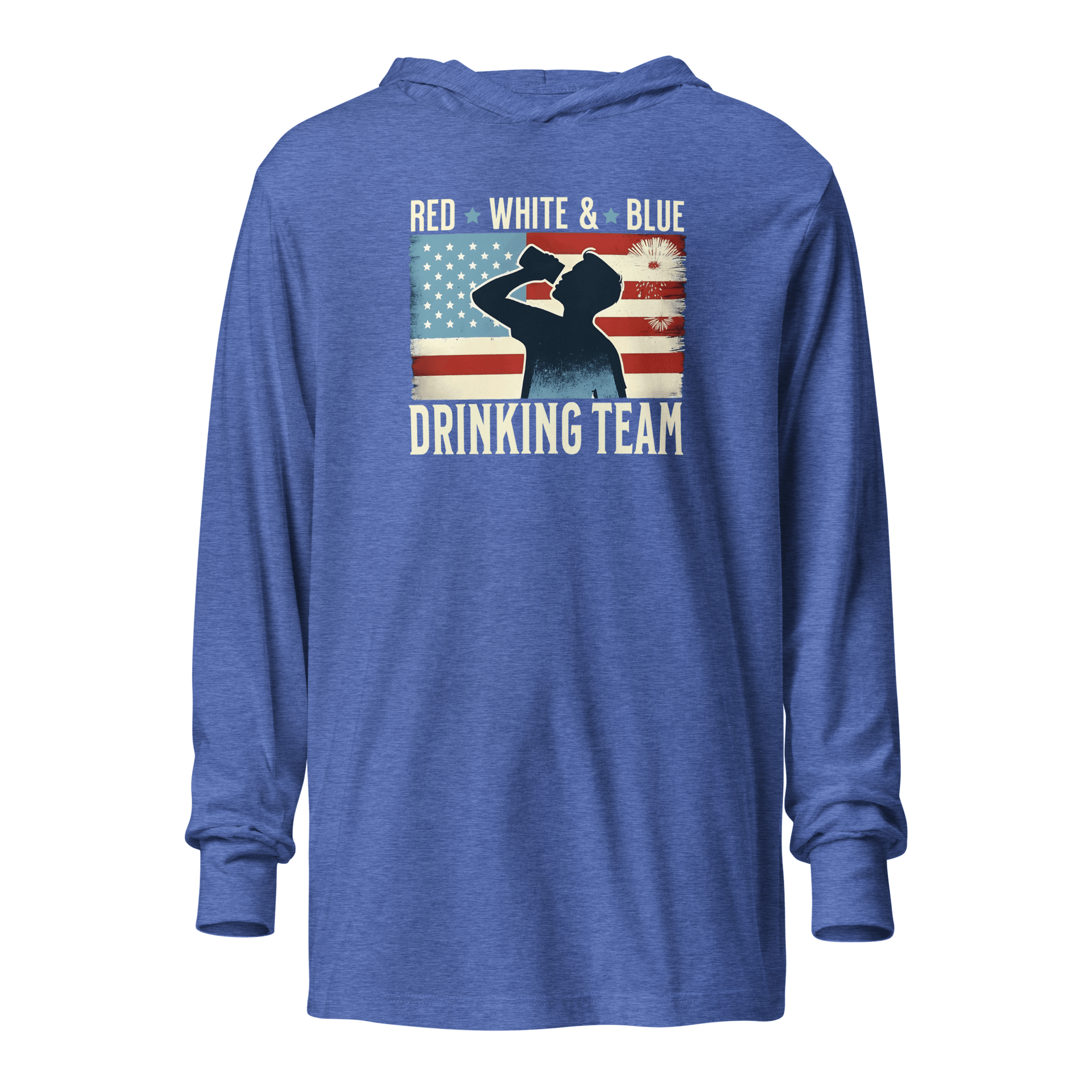 Lightweight hoodie with Red White and Blue Drinking Team text, man drinking beer, and distressed American flag background. Perfect for 4th of July.