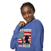 Lightweight hoodie with Full of Patriotism and Beer text and a distressed American flag background. Perfect for 4th of July.