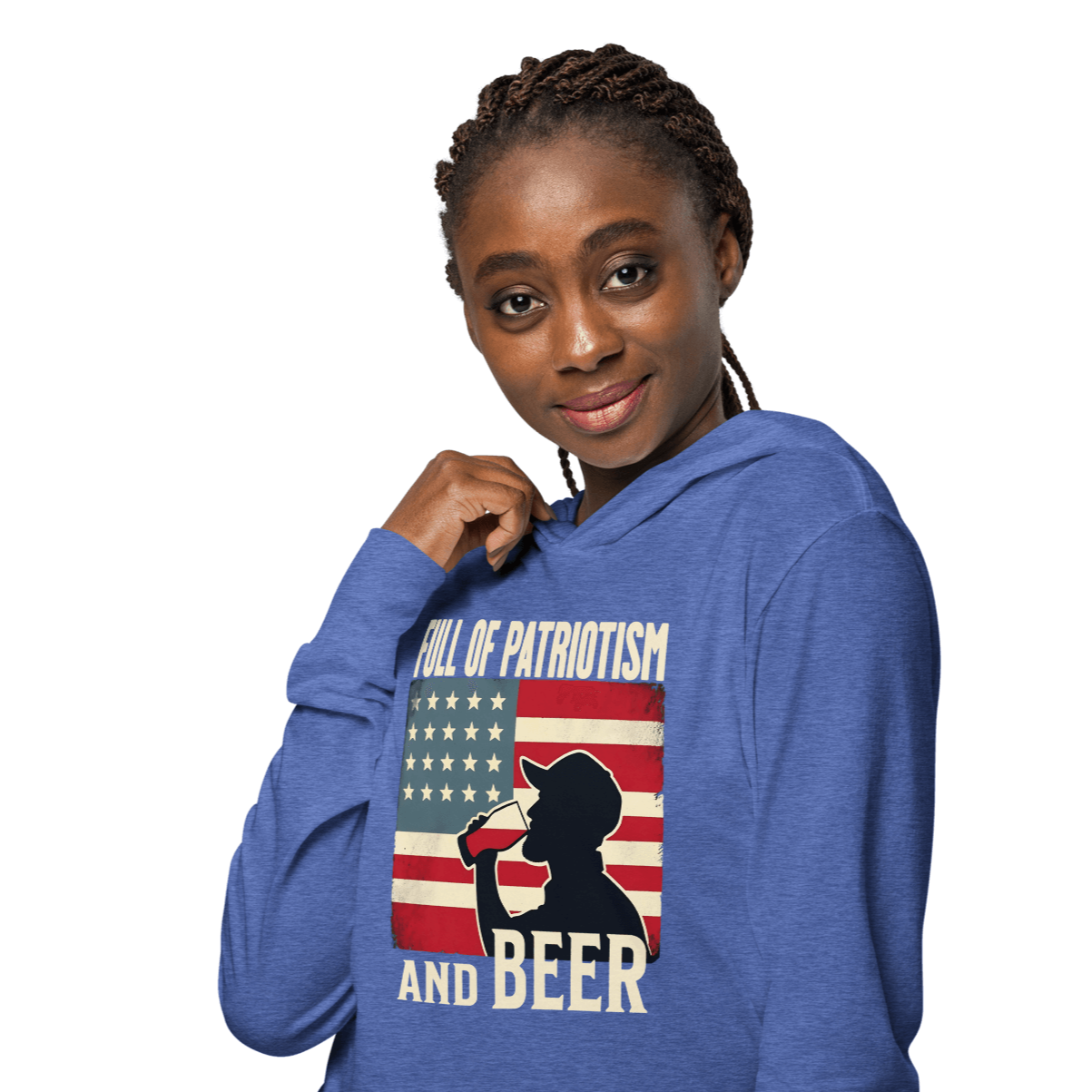 Lightweight hoodie with Full of Patriotism and Beer text and a distressed American flag background. Perfect for 4th of July.