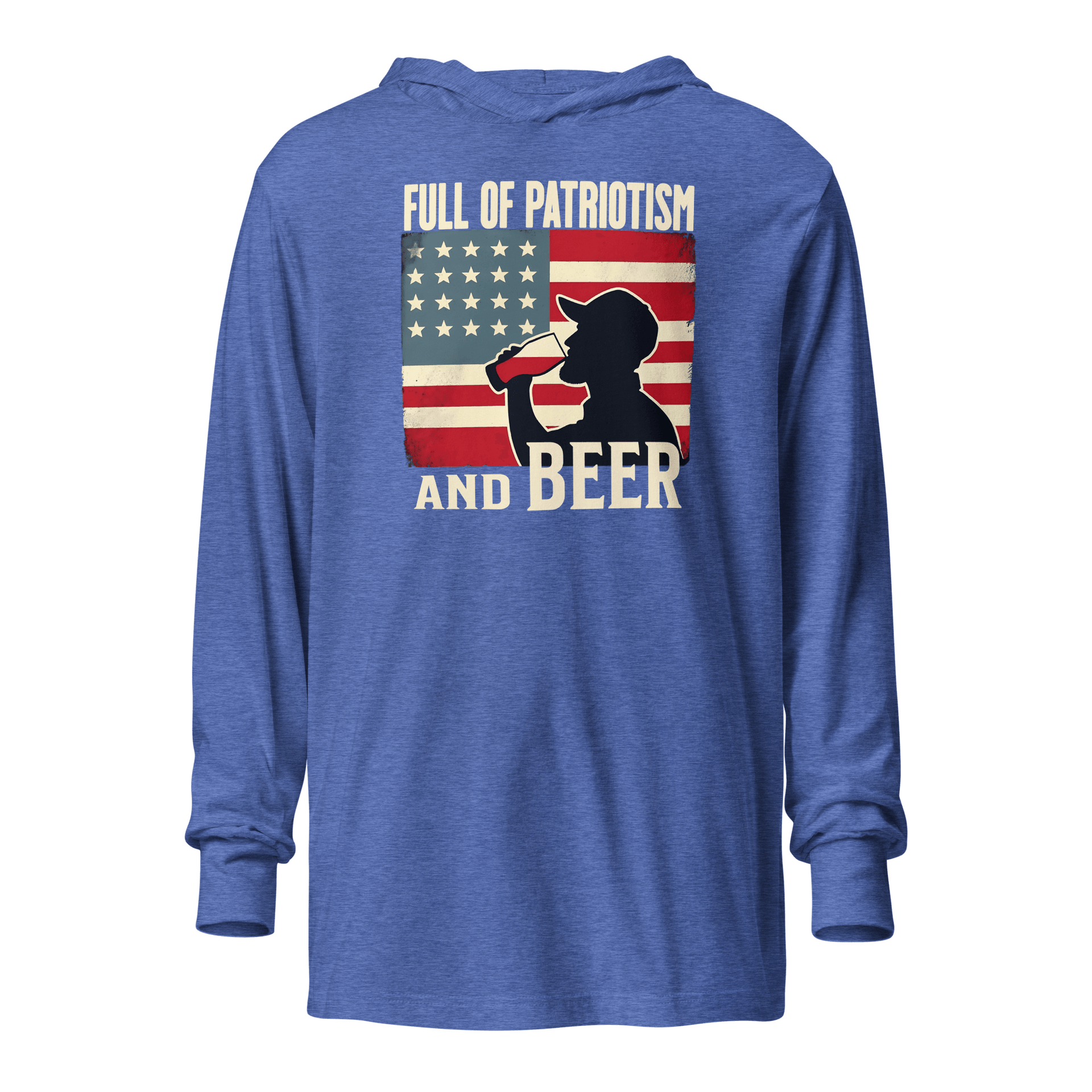 Lightweight hoodie with Full of Patriotism and Beer text and a distressed American flag background. Perfect for 4th of July.