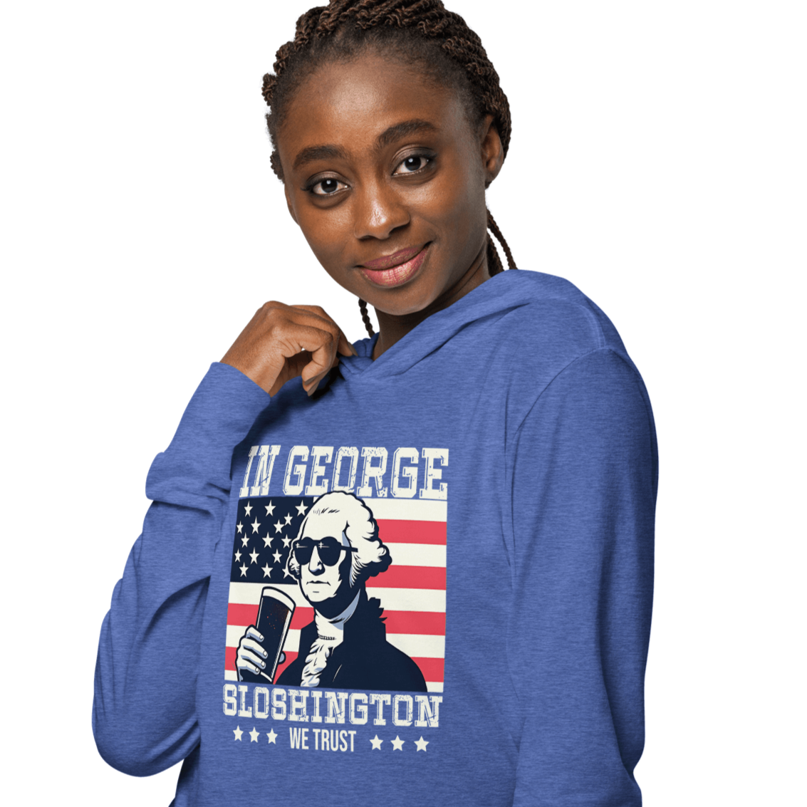 Celebrate with style in our In George Sloshington We Trust 4th of July hoodie! Perfect for cool nights & patriotic parties. Light & comfy with a unique design.