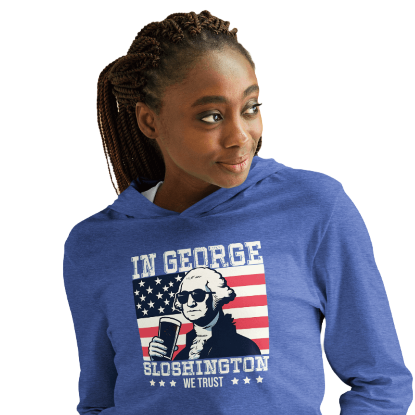 Celebrate with style in our In George Sloshington We Trust 4th of July hoodie! Perfect for cool nights & patriotic parties. Light & comfy with a unique design.